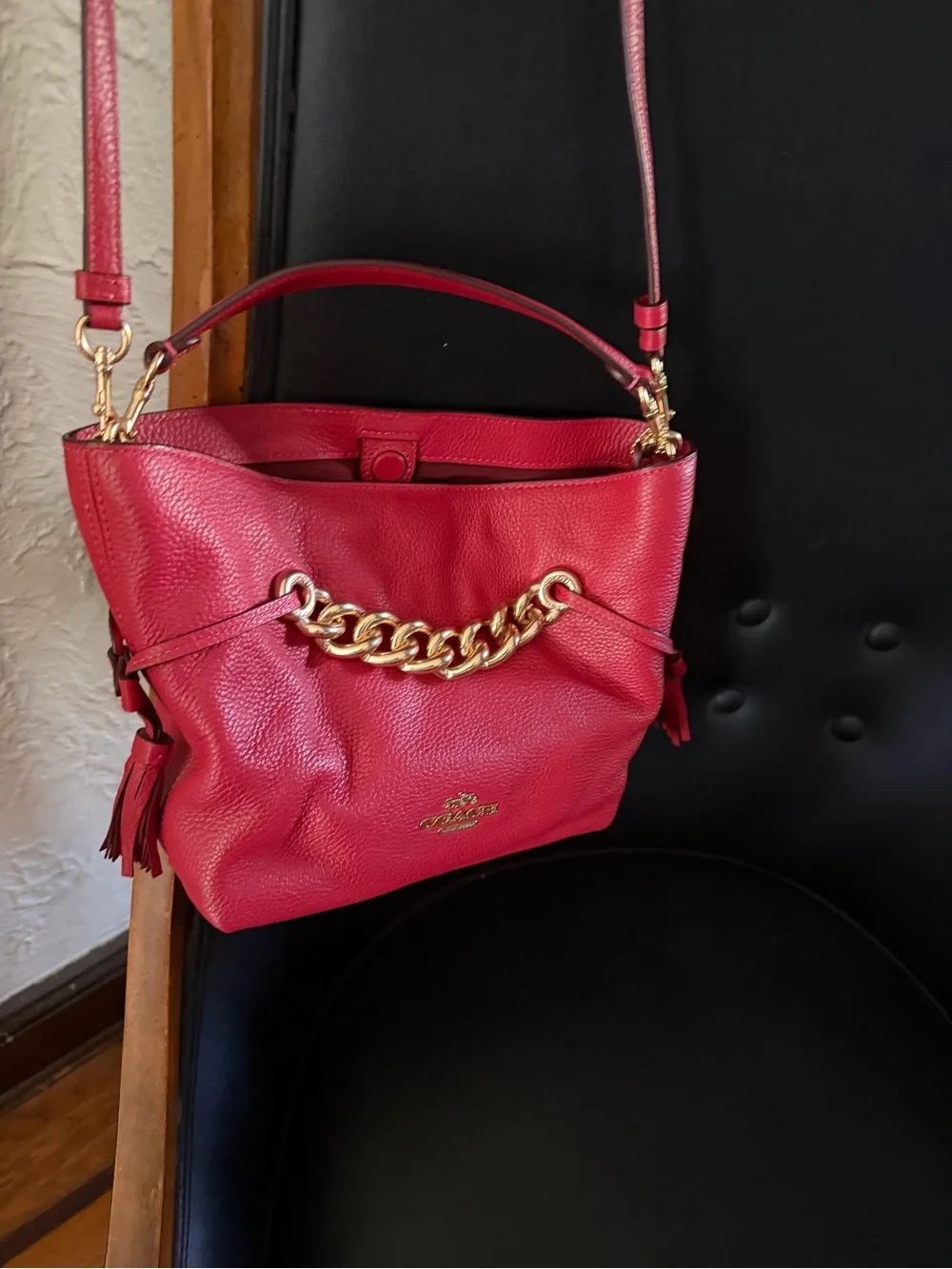 Coach Red Pebbled Leather Shoulder Bag with Gold Chain Detail